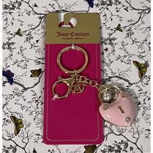 Juicy Couture Enamel Heart Padlock Keychain Bag Charm PINK Rhinestones Pearl